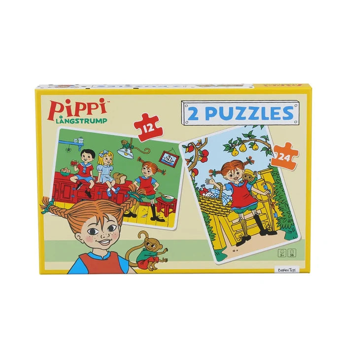 Pippi Langstrømpe 2 x puslespil til børn +3 år med 12 og 24 XL brikker