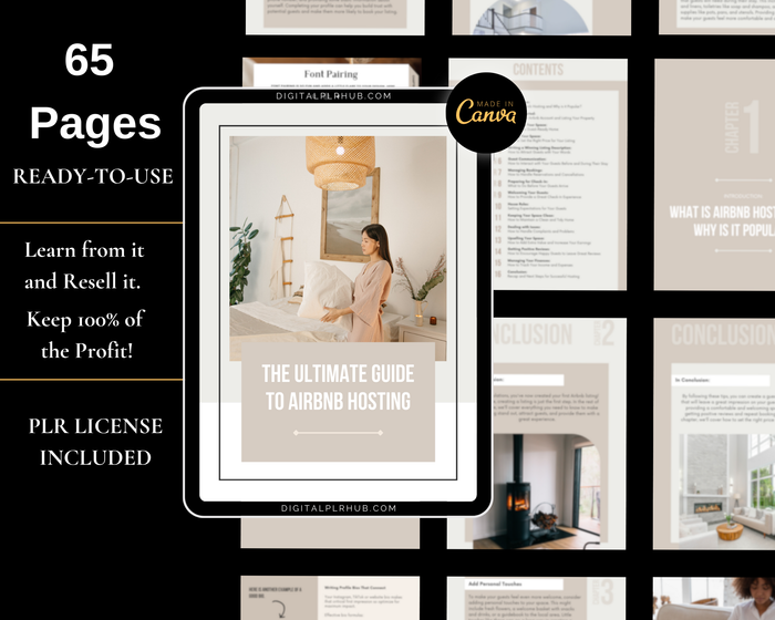 Editable Canva Airbnb hosting guide featuring welcome packs, remote management tips, and customizable printables for reselling.