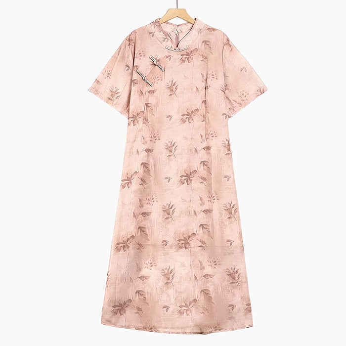 Plusock Floral Mandarin Collar Short Sleeve Midi Dress - Pink - 6XL - image 0