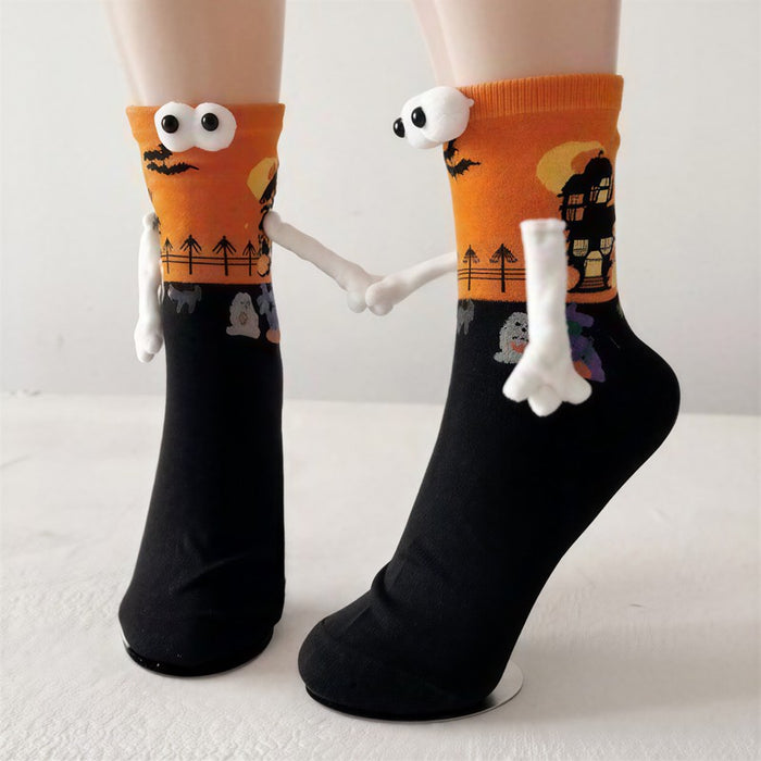 Plusock Halloween 3D Eyes Plush Cuff Quarter Socks(3 Pairs) - Orange - EU36-40(US3-7) - image 1