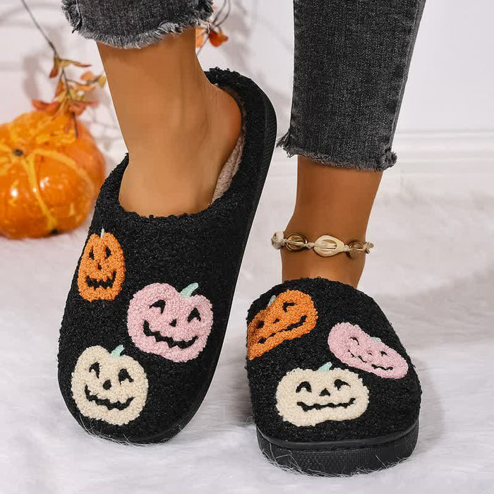 Plusock Halloween Colorful Pumpkin Embroidered Fuzzy Slippers - Black - EU44-45(US10-11) - image 0