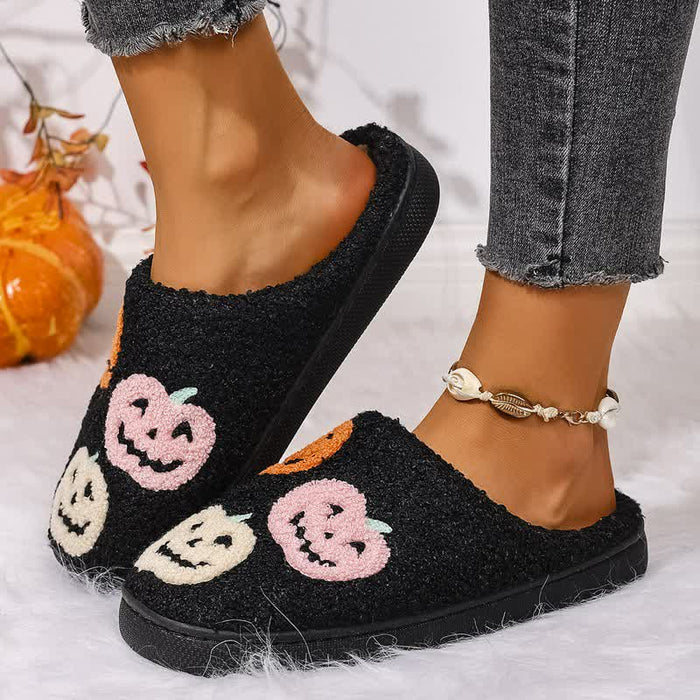 Plusock Halloween Colorful Pumpkin Embroidered Fuzzy Slippers - image 1