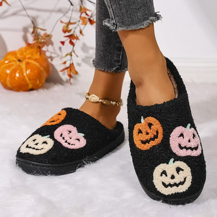 Plusock Halloween Colorful Pumpkin Embroidered Fuzzy Slippers - image 4