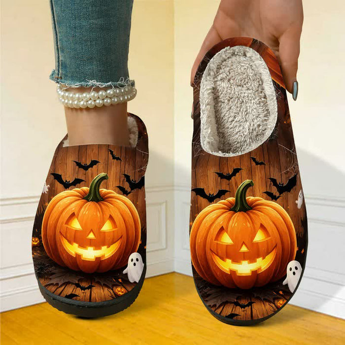 Plusock Halloween Fun Jack-O'-Lantern Bat Full Print Fuzzy Slippers - image 1