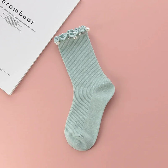 Plusock Pearl Trim Ruffle Ribbed Quarter Socks(4 Pairs) - Light Green - EU36-40(US3-7) - image 1