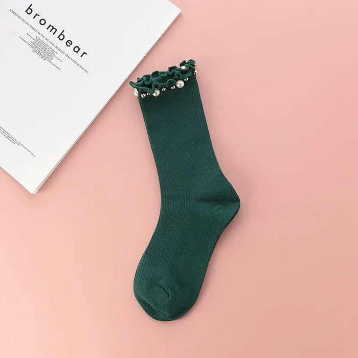 Plusock Pearl Trim Ruffle Ribbed Quarter Socks(4 Pairs) - Green - EU36-40(US3-7) - image 2