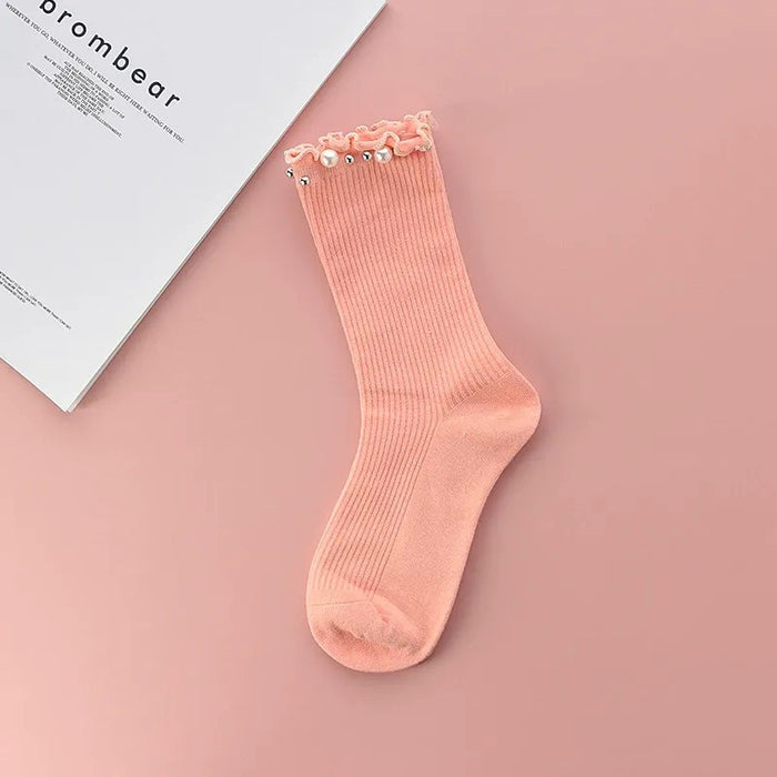 Plusock Pearl Trim Ruffle Ribbed Quarter Socks(4 Pairs) - Pink - EU36-40(US3-7) - image 3