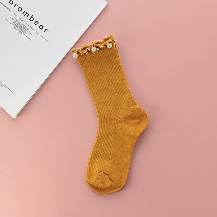 Plusock Pearl Trim Ruffle Ribbed Quarter Socks(4 Pairs) - Yellow - EU36-40(US3-7) - image 4
