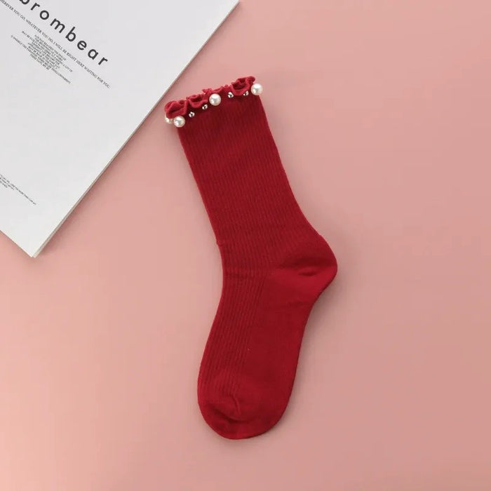 Plusock Pearl Trim Ruffle Ribbed Quarter Socks(4 Pairs) - Wine - EU36-40(US3-7) - image 5