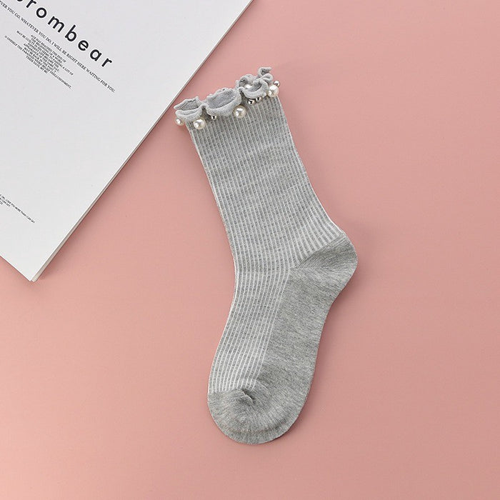 Plusock Pearl Trim Ruffle Ribbed Quarter Socks(4 Pairs) - Grey - EU36-40(US3-7) - image 7