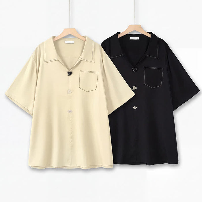 Plusock Plus Size Contrast Stitch Camp Collar Shirt Blouse - image 0
