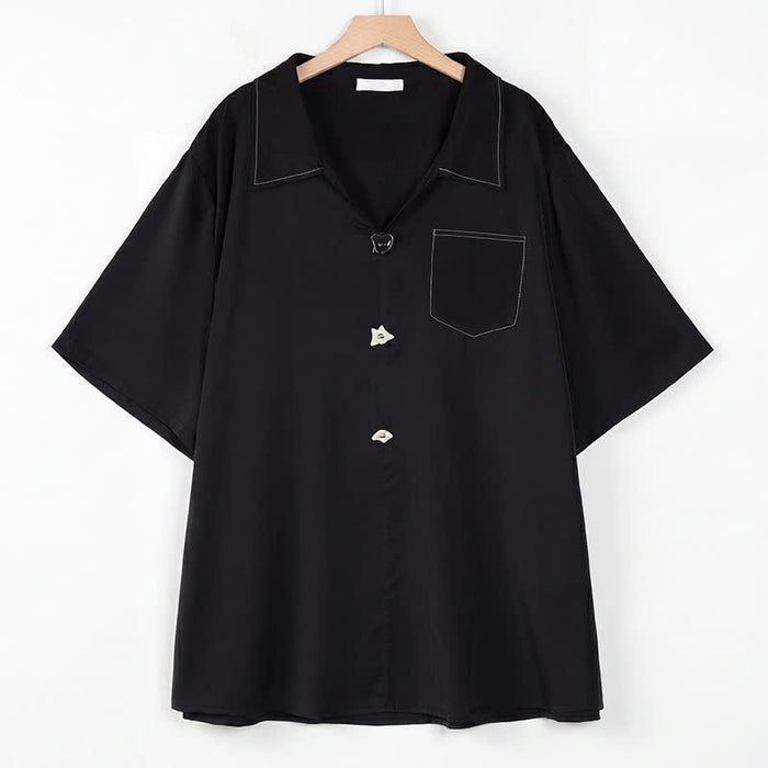Plusock Plus Size Contrast Stitch Camp Collar Shirt Blouse - Black - 4XL - image 6
