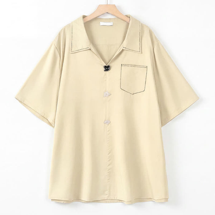 Plusock Plus Size Contrast Stitch Camp Collar Shirt Blouse - Apricot - 4XL - image 7