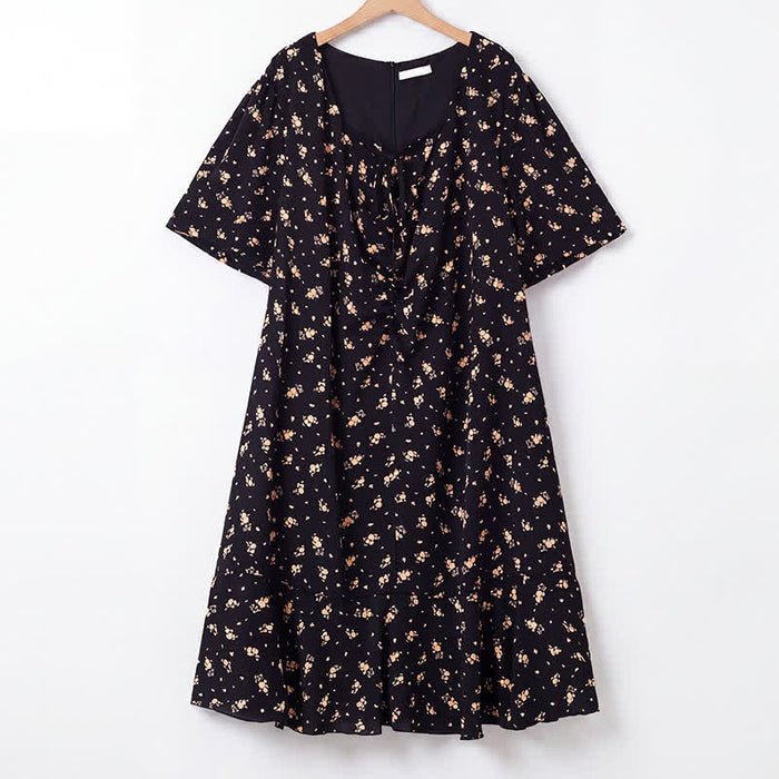 Plusock Plus Size Ditsy Floral Tie Neck Ruffle Hem Midi Dress - Black - 6XL - image 0