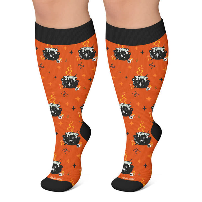 Plusock Plus Size Ghost Witch Black Cat Compression Socks - Orange - 4XL - image 6