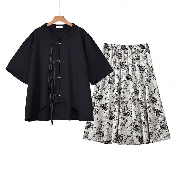 Plusock Plus Size Ink Floral Knot Detail Top And Skirt Set - 2Pcs Set - 6XL - image 0