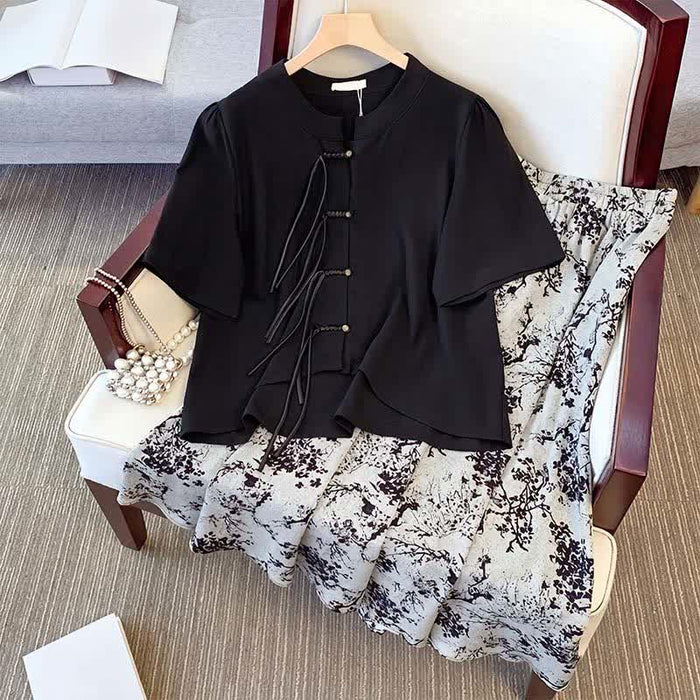 Plusock Plus Size Ink Floral Knot Detail Top And Skirt Set - image 1