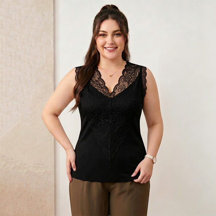 Plusock Plus Size Lace V Neck Tank Top - Black - 4XL - image 1