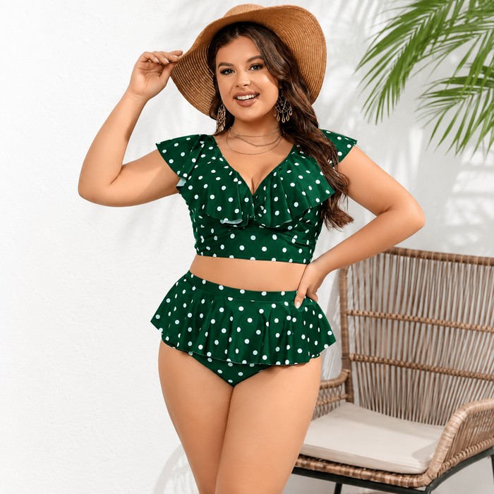 Plusock Polka Dot Ruffle High-Waisted Bikini Set - Green - 4XL - image 1