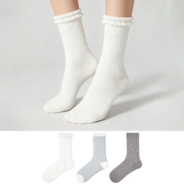 Plusock Ruffle Trim Stripe Sheer Quarter Socks (3 Pairs) - image 0
