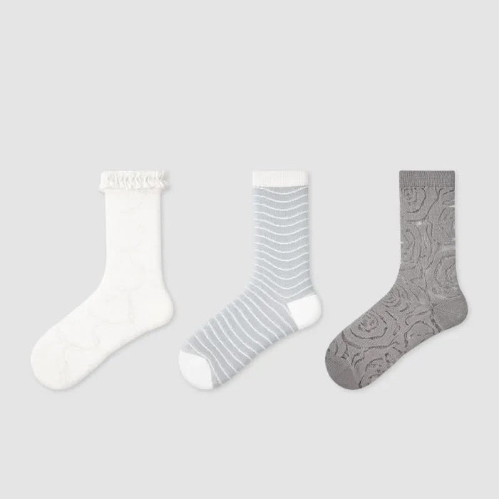 Plusock Ruffle Trim Stripe Sheer Quarter Socks (3 Pairs) - Multicolor - EU35-39(US2-6) - image 1