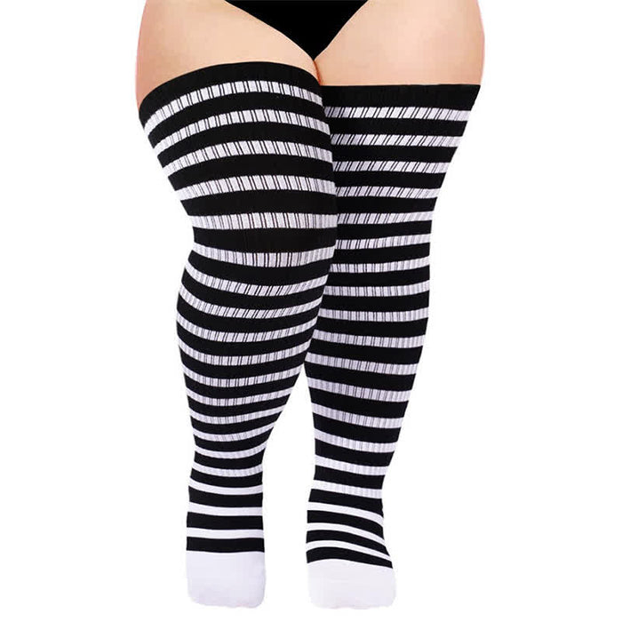 Plusock Striped Daily Wear Thigh High Compression Socks - White - One Size - With Elastic Buckle - image 1