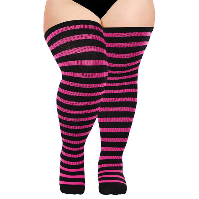 Plusock Striped Daily Wear Thigh High Compression Socks - Rose - One Size - With Elastic Buckle - image 2