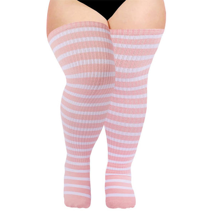 Plusock Striped Daily Wear Thigh High Compression Socks - Pink - One Size - With Elastic Buckle - image 4