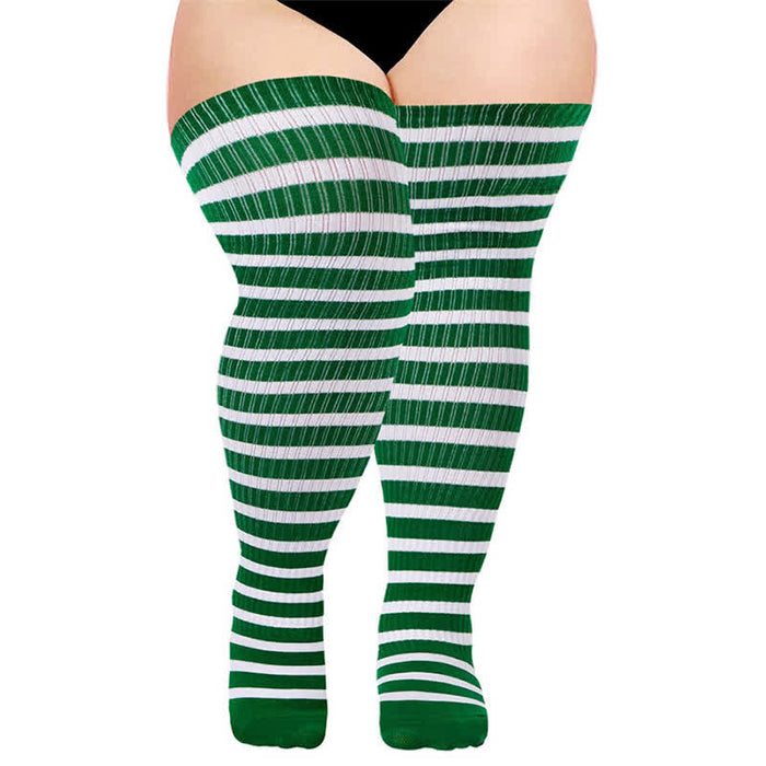 Plusock Striped Daily Wear Thigh High Compression Socks - Dark Green - One Size - With Elastic Buckle - image 6