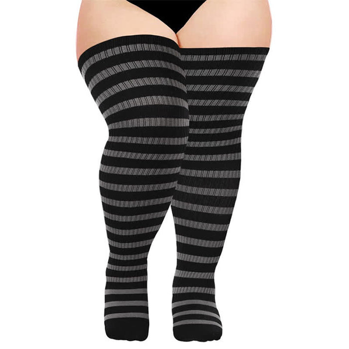 Plusock Striped Daily Wear Thigh High Compression Socks - Grey - One Size - With Elastic Buckle - image 7