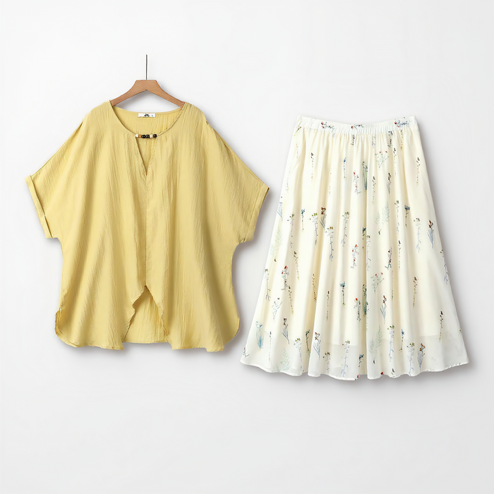 Plusock Yellow Loose Top Floral Skirt Matching Two Piece Set - 2Pcs Set - 6XL - image 0