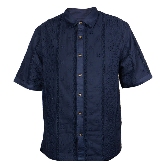 Prestige Navy Short Sleeve Embroidered Button-Up Shirt - Dudes Boutique