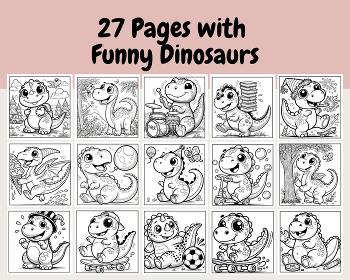 Preview of 27 unique dinosaur coloring pages from the Funny Dinosaurs Coloring Book. Features cute and funny dinosaur illustrations perfect for toddlers, preschoolers, and young kids. Ideal for homeschool and classroom activities.