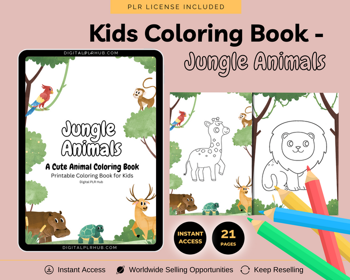 Cover of the Jungle Animals Coloring Book for kids, featuring cute jungle animals like a monkey, parrot, deer, hippo, and turtle. Includes 21 printable pages and PLR rights.