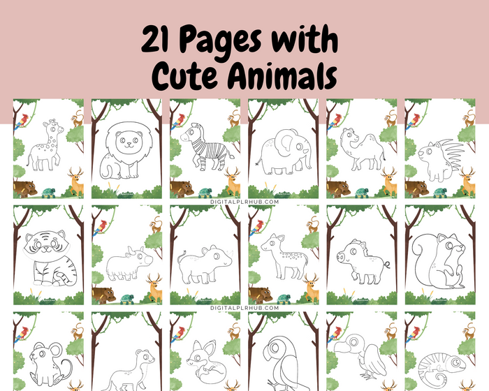 Preview of 21 jungle animal coloring pages, featuring simple, bold outlines of lions, giraffes, elephants, zebras, and other jungle creatures. Perfect for young kids.