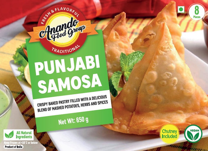 PUNJABI SAMOSA 8 PCS WITH GREEN CHUTNEY 75G X 8 PCS X 12 PACKS + 50G X 12 PACKS (GREEN CHUTNEY)