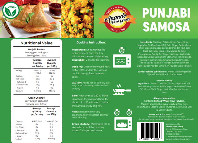PUNJABI SAMOSA 8 PCS WITH GREEN CHUTNEY 75G X 8 PCS X 12 PACKS + 50G X 12 PACKS (GREEN CHUTNEY)