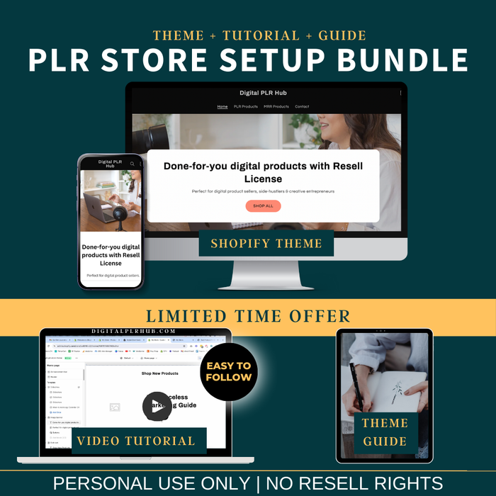 Promotional image for a Shopify Store Setup Bundle, featuring a done-for-you PLR store theme, a video tutorial, and a theme installation guide.
