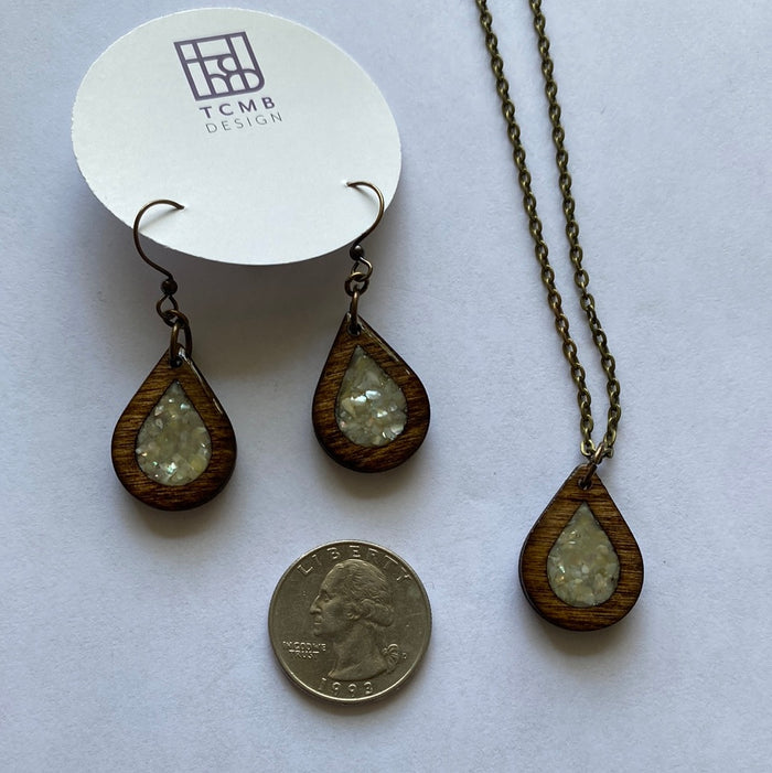 Teardrop Wood 24” necklace and Earrings Set