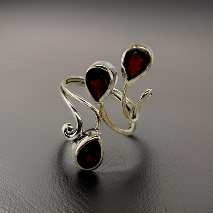 Tri-Leaf Red Garnet Size 6 and 7 Adjustable Ring