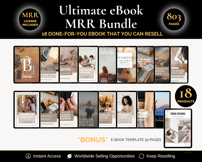 Cover of the Ultimate eBook MRR Bundle showcasing 17 professionally designed eBooks with customizable Canva templates for reselling