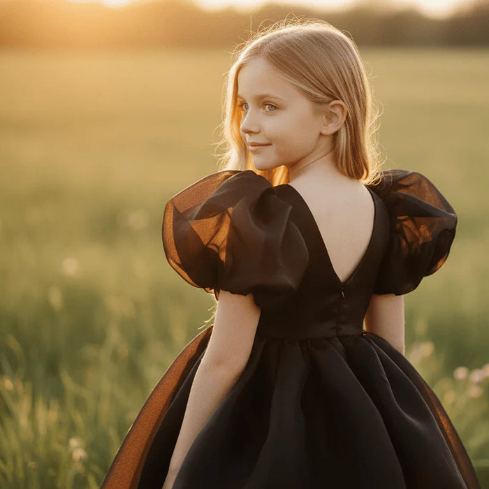 V-Back Puff Sleeve Organza Tutu Dress – Black – DOLLY by Le Petit Tom